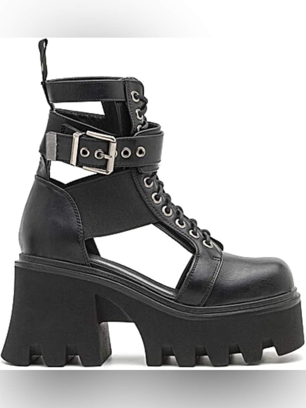 LAMODA Busy Chunky Platform Ankle combat Boots Black Cutout Goth Cybercore NWOT